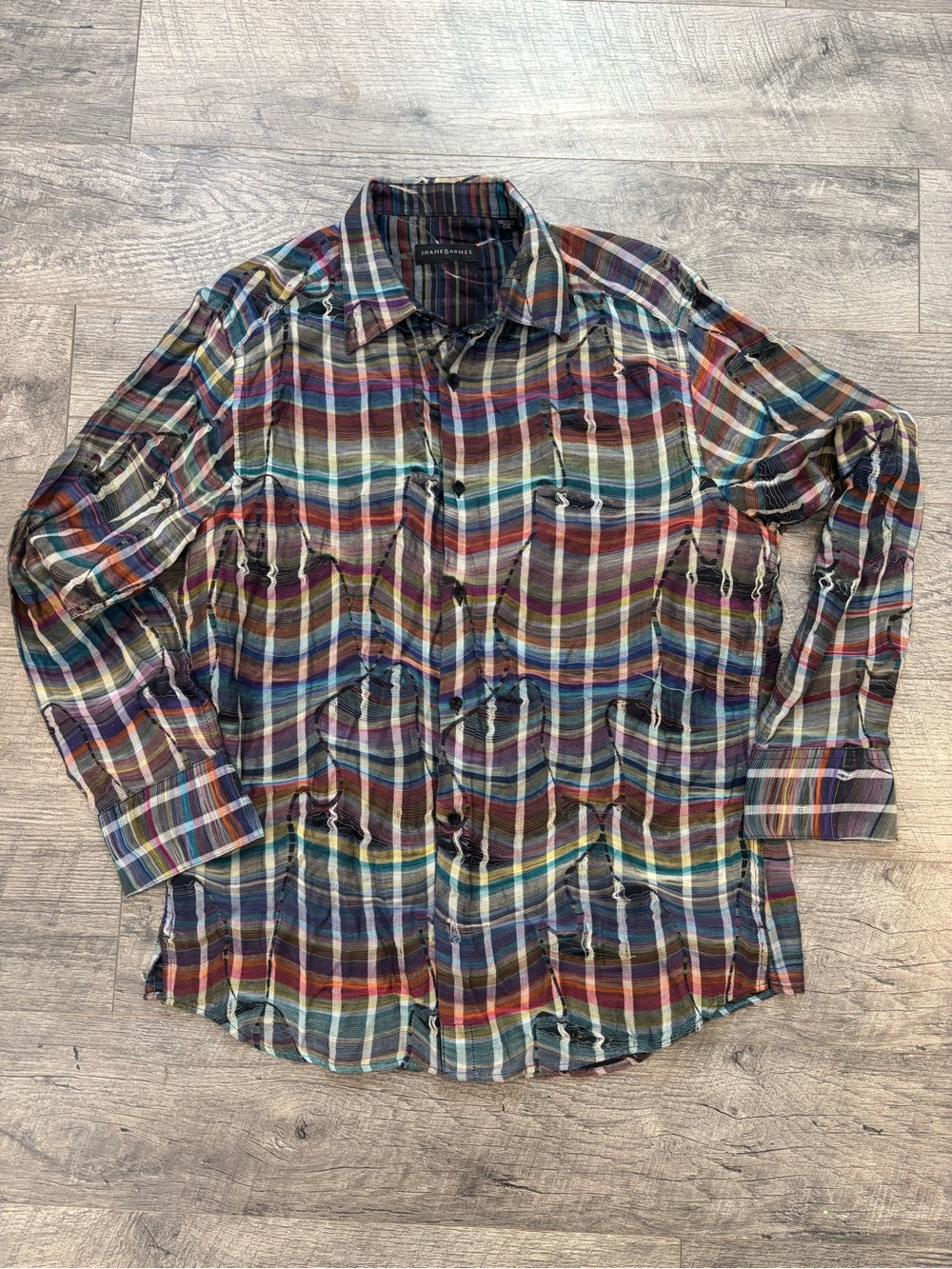 Vtg Jhane Barnes Mens [Large] Shirt Multicolor Plaid Distressed Laser Cutout